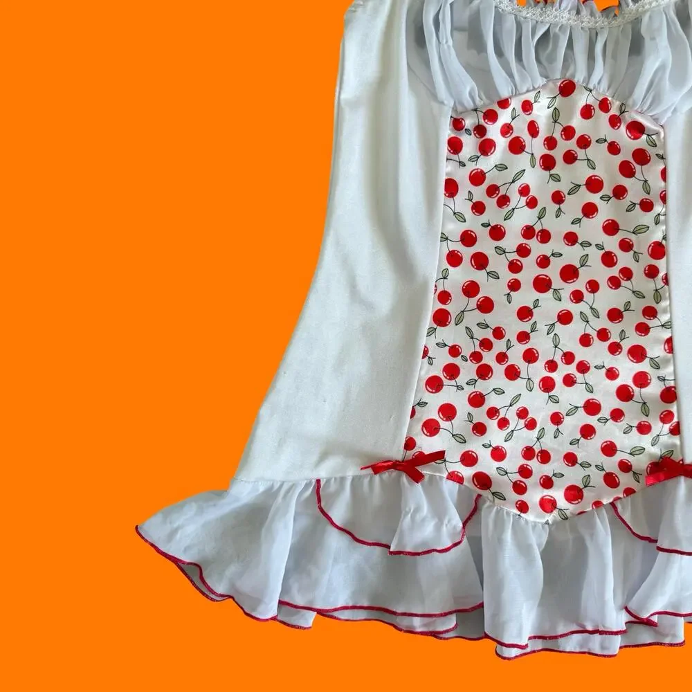 00's vintage white cherry print milkmaid lingerie y2k babydoll XS SMALL - Picture 4 of 8